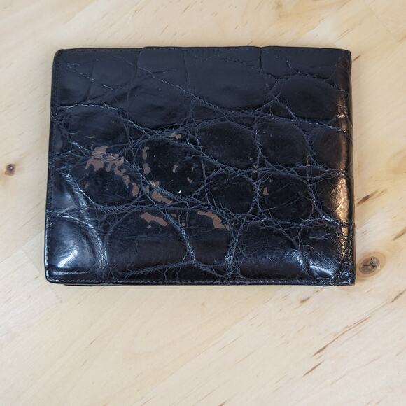 Vintage Bi Fold Wallet Mens Black Croc Embossed Soft Leather Cash Card Slots - Picture 3 of 12